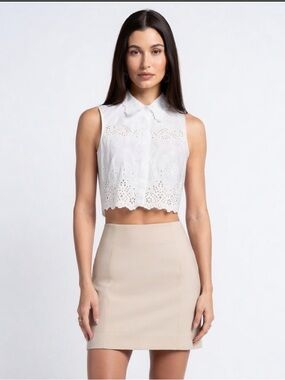 PACO RABANNE Cropped Shirt FR36 US4 UK8 S White Sangallo Lace Sleeveless $570